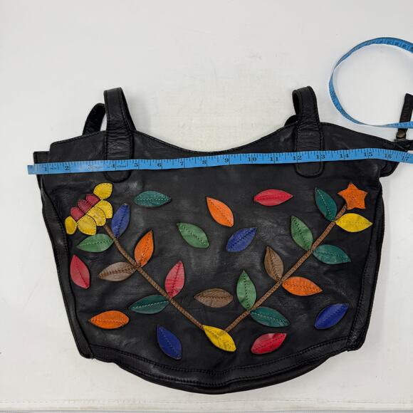 Belleza Mandova Black Leather Shoulder Bag Multicolor Leaf Appliqué - Picture 4 of 10